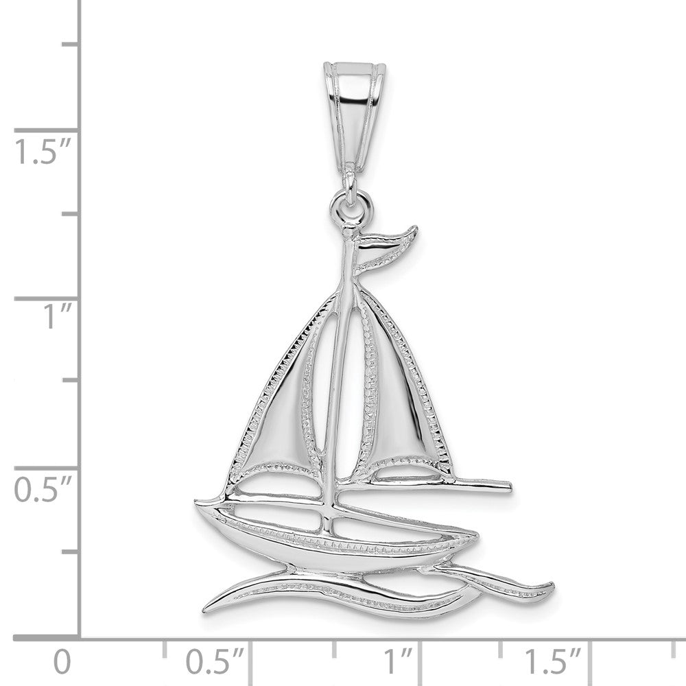 Sterling Silver De-Ani Rhodium-Plated Polished And Textured Sailboat On Water Pendant
