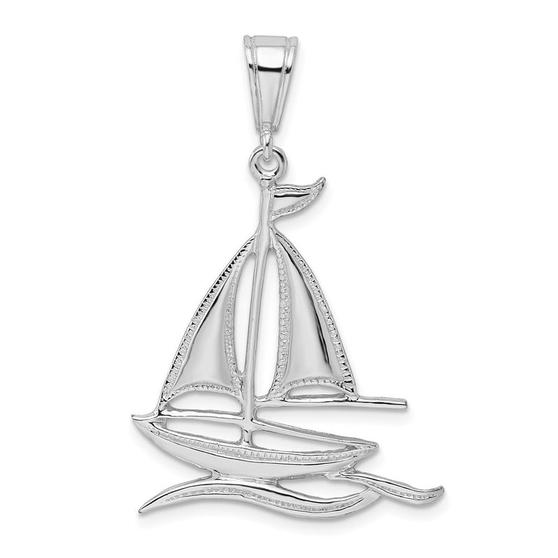 Sterling Silver De-Ani Rhodium-Plated Polished And Textured Sailboat On Water Pendant