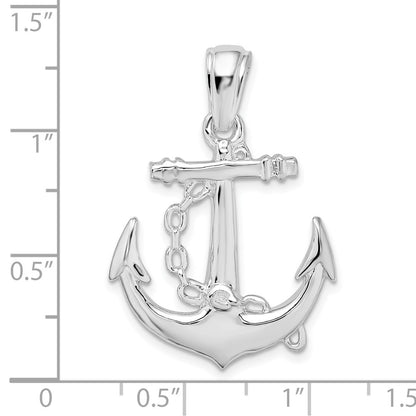 Sterling Silver De-Ani Rhodium-Plated Polished 3D Anchor With Chain Pendant