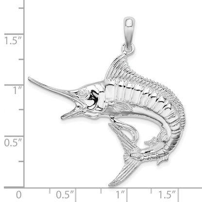 Sterling Silver De-Ani Rhodium-Plated Polished And Textured Marlin Fish Pendant