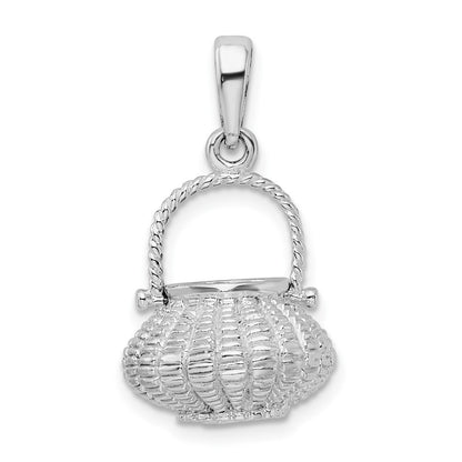 Sterling Silver De-Ani Rhodium-Plated 3D Flower Basket Moveable Handle Pendant