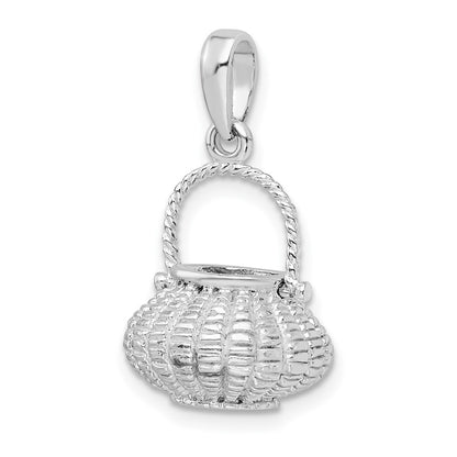 Sterling Silver De-Ani Rhodium-Plated 3D Flower Basket Moveable Handle Pendant