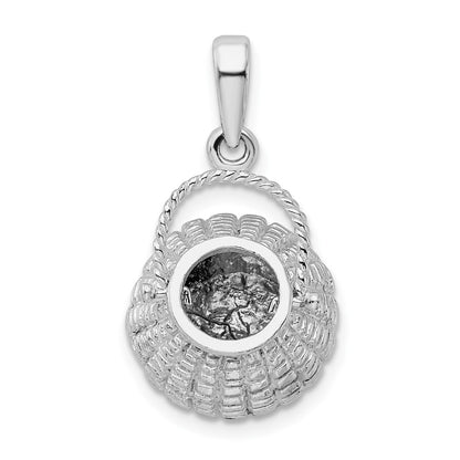 Sterling Silver De-Ani Rhodium-Plated 3D Flower Basket Moveable Handle Pendant