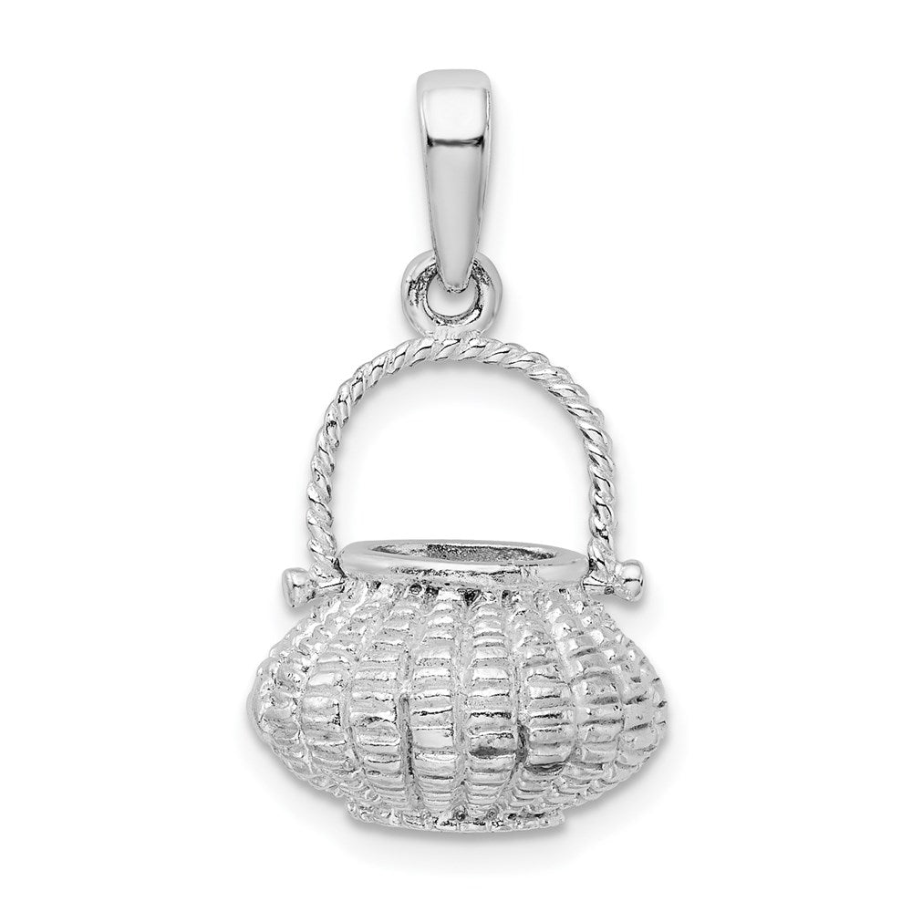 Sterling Silver De-Ani Rhodium-Plated 3D Flower Basket Moveable Handle Pendant