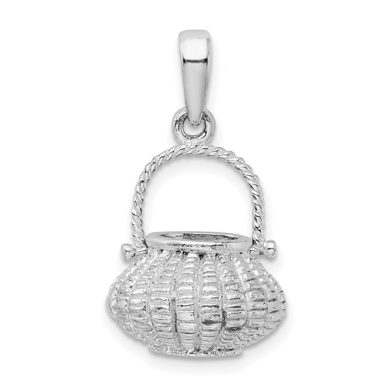 Sterling Silver De-Ani Rhodium-Plated 3D Flower Basket Moveable Handle Pendant