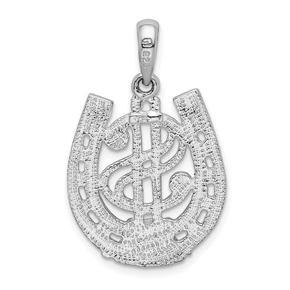 Sterling Silver De-Ani Rhodium-Plated Polished Dollar Sign In Horse Shoe Pendant