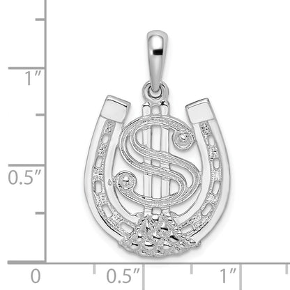 Sterling Silver De-Ani Rhodium-Plated Polished Dollar Sign In Horse Shoe Pendant