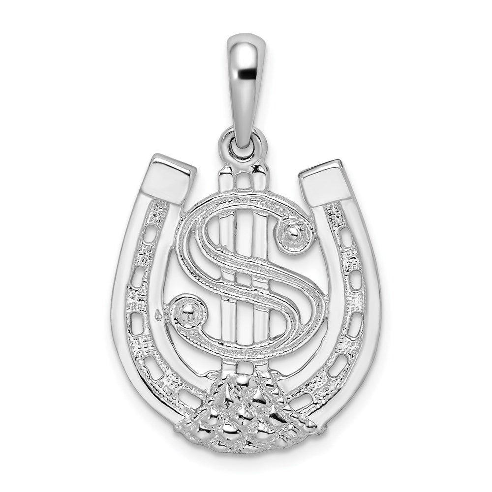 Sterling Silver De-Ani Rhodium-Plated Polished Dollar Sign In Horse Shoe Pendant