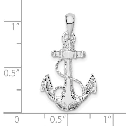 Sterling Silver De-Ani Rhodium-Plated Polished And Textured Anchor With Rope Pendant