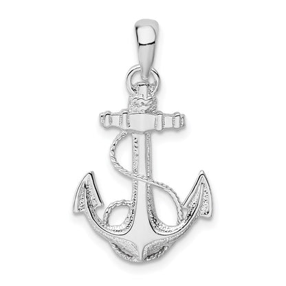 Sterling Silver De-Ani Rhodium-Plated Polished And Textured Anchor With Rope Pendant