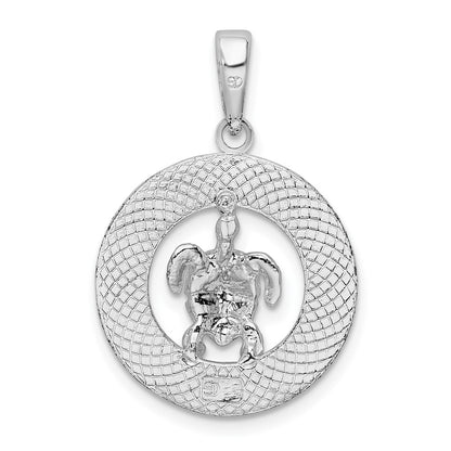 Sterling Silver De-Ani Rhodium-Plated Polished Barbados With Turtle Circle Pendant