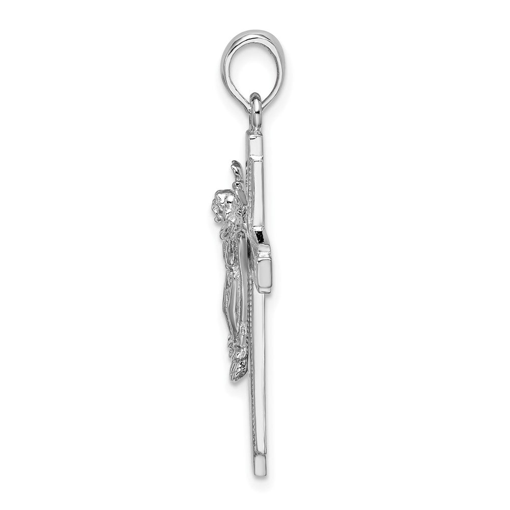 Sterling Silver De-Ani Rhodium-Plated Polished Beaded Edge Crucifix Pendant