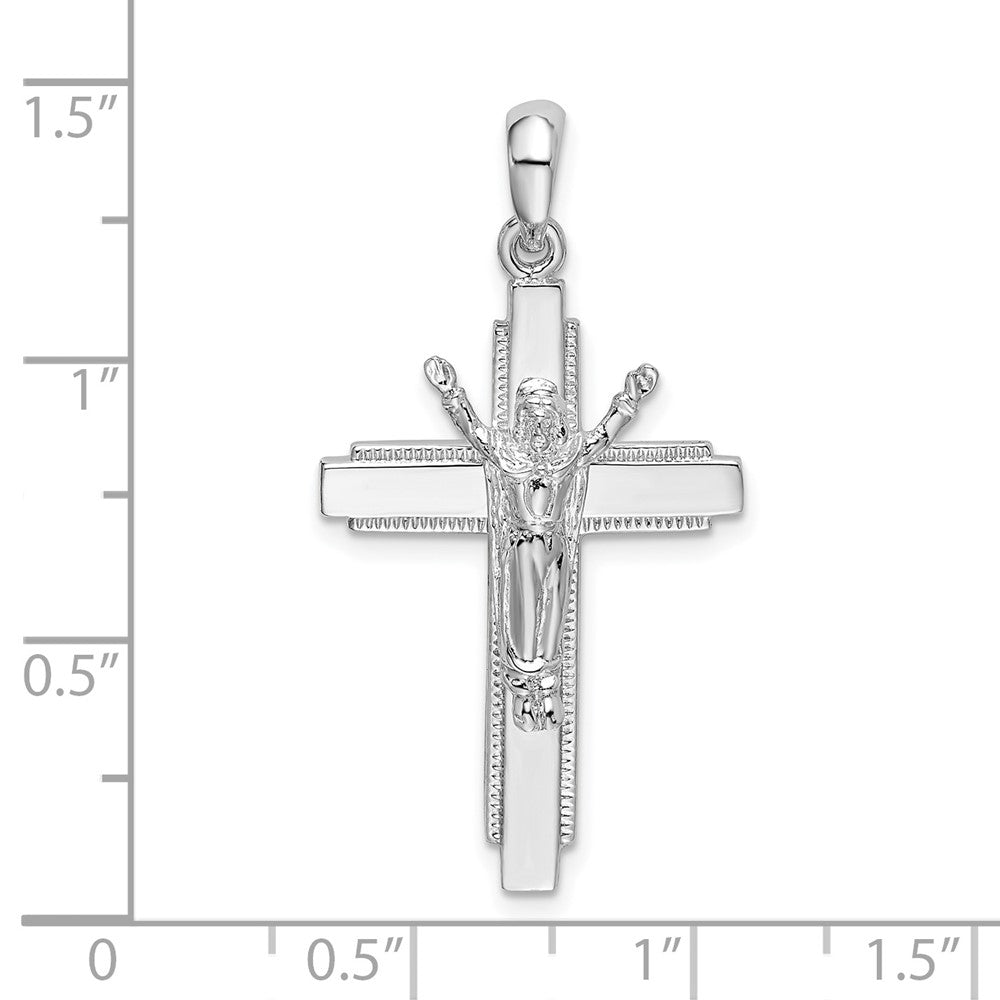 Sterling Silver De-Ani Rhodium-Plated Polished Beaded Edge Crucifix Pendant