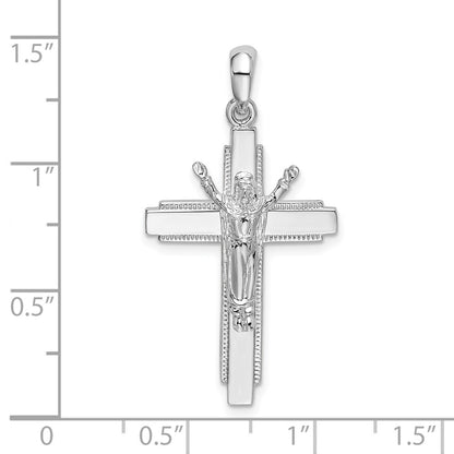 Sterling Silver De-Ani Rhodium-Plated Polished Beaded Edge Crucifix Pendant