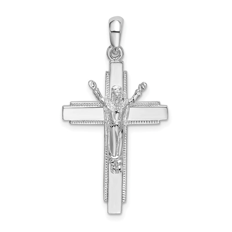 Sterling Silver De-Ani Rhodium-Plated Polished Beaded Edge Crucifix Pendant