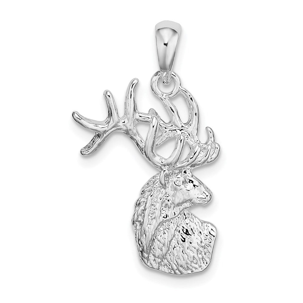 Sterling Silver De-Ani Rhodium-Plated Polished And Textured Deer Head Pendant