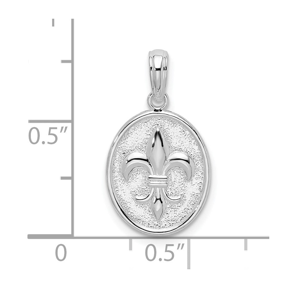 Sterling Silver De-Ani Rhodium-Plated Polished And Textured Fleur De Lis Oval Pendant
