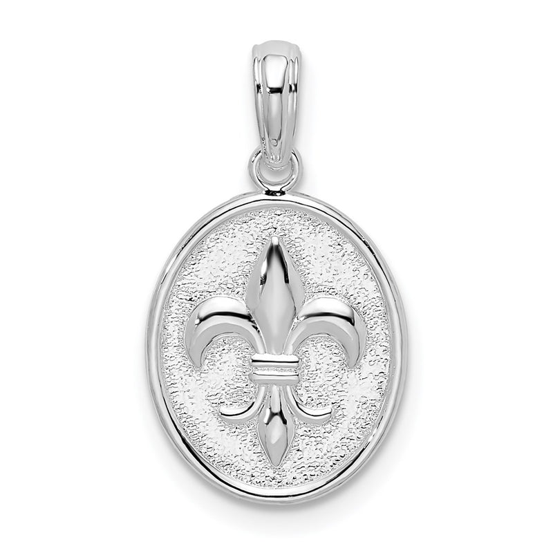 Sterling Silver De-Ani Rhodium-Plated Polished And Textured Fleur De Lis Oval Pendant