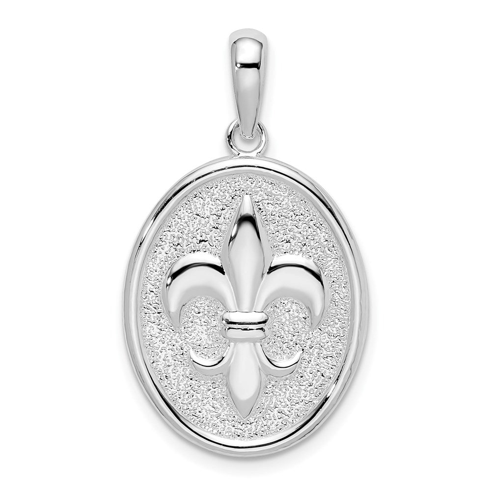 Sterling Silver De-Ani Rhodium-Plated Polished And Textured Fleur De Lis Oval Pendant