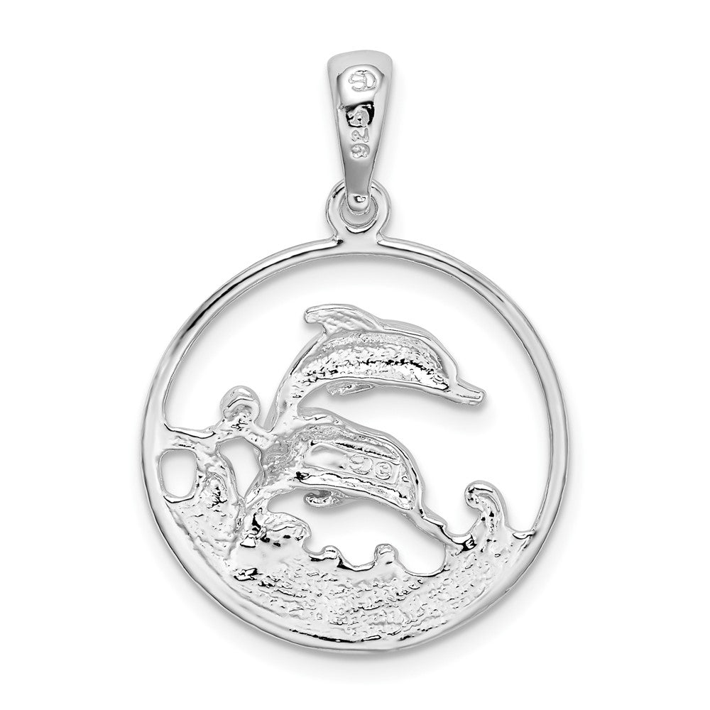 Sterling Silver De-Ani Rhodium-Plated Polished Dolphins Swimming Oval Pendant