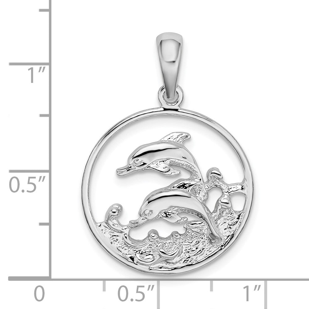Sterling Silver De-Ani Rhodium-Plated Polished Dolphins Swimming Oval Pendant