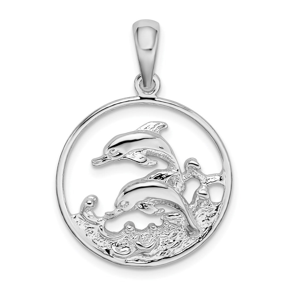 Sterling Silver De-Ani Rhodium-Plated Polished Dolphins Swimming Oval Pendant