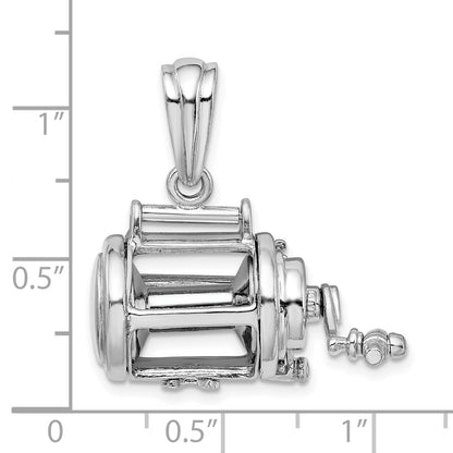 Sterling Silver De-Ani Rhodium-Plated Polished 3D Moveable Fishing Reel Pendant