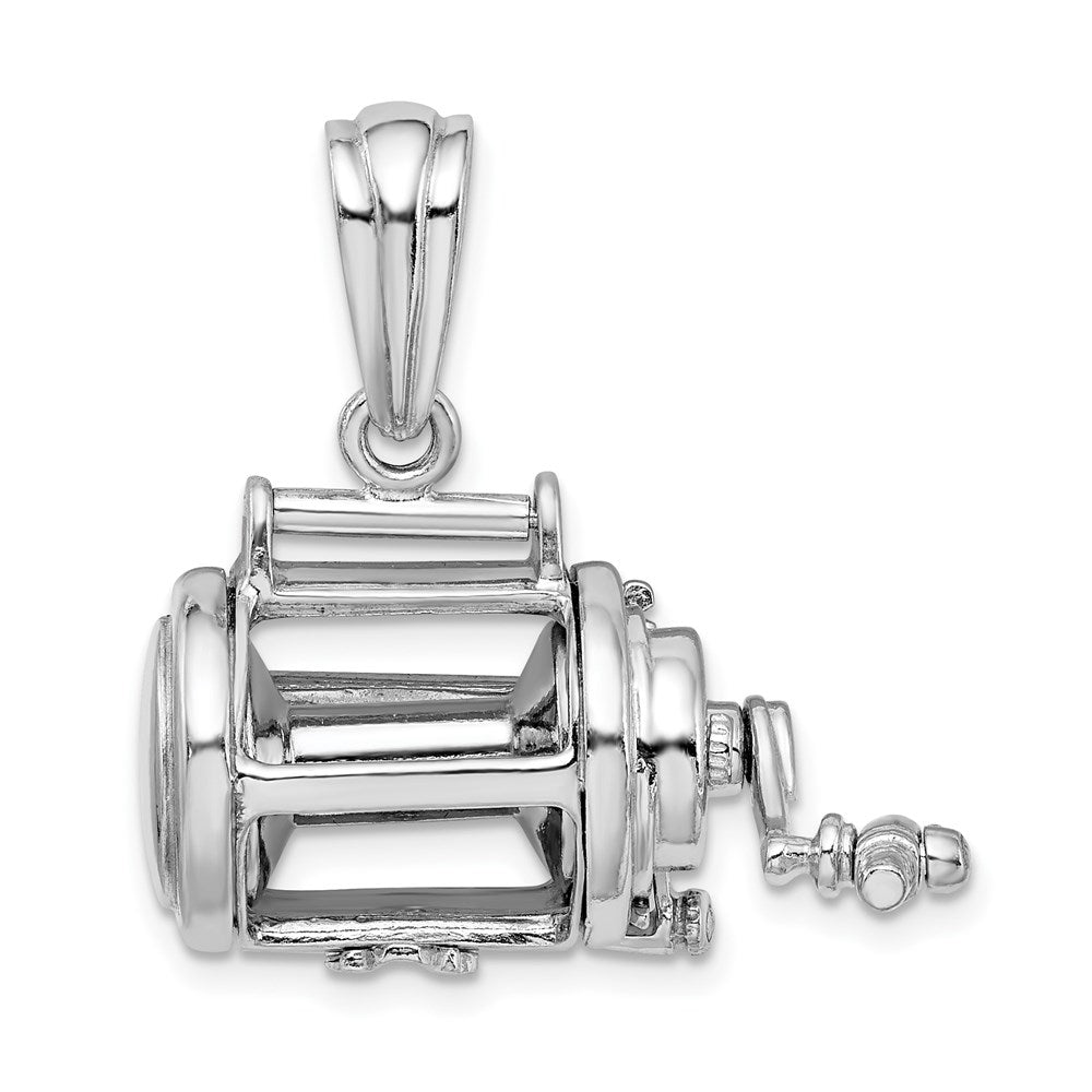 Sterling Silver De-Ani Rhodium-Plated Polished 3D Moveable Fishing Reel Pendant