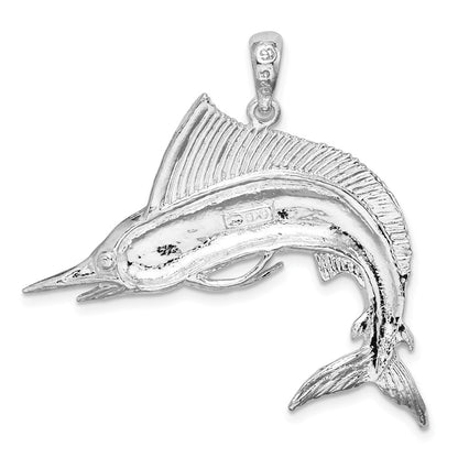Sterling Silver De-Ani Rhodium-Plated Polished And Satin Striped Marlin Pendant