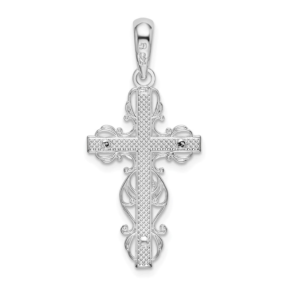 Sterling Silver De-Ani Rhodium-Plated Polished Lace Trim Crucifix Pendant