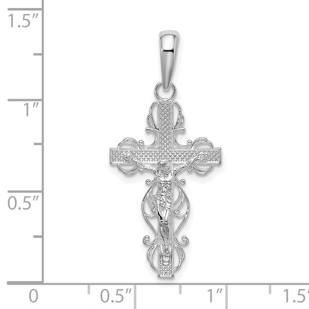 Sterling Silver De-Ani Rhodium-Plated Polished Lace Trim Crucifix Pendant
