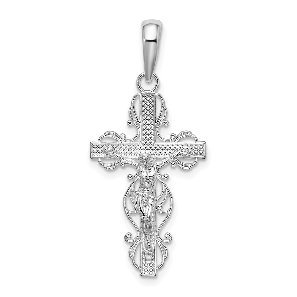 Sterling Silver De-Ani Rhodium-Plated Polished Lace Trim Crucifix Pendant