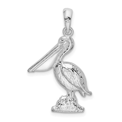 Sterling Silver De-Ani Rhodium-Plated Polished Large 3D Standing Pelican Pendant