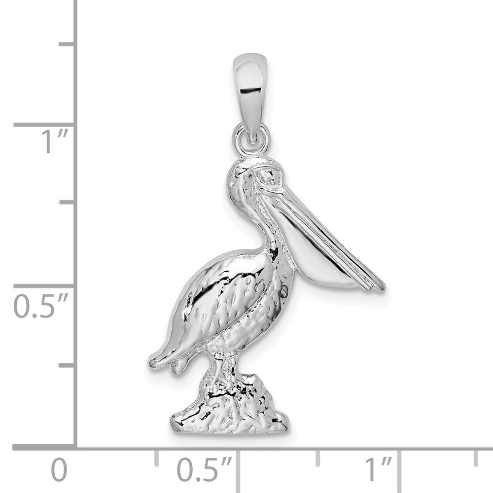 Sterling Silver De-Ani Rhodium-Plated Polished Large 3D Standing Pelican Pendant