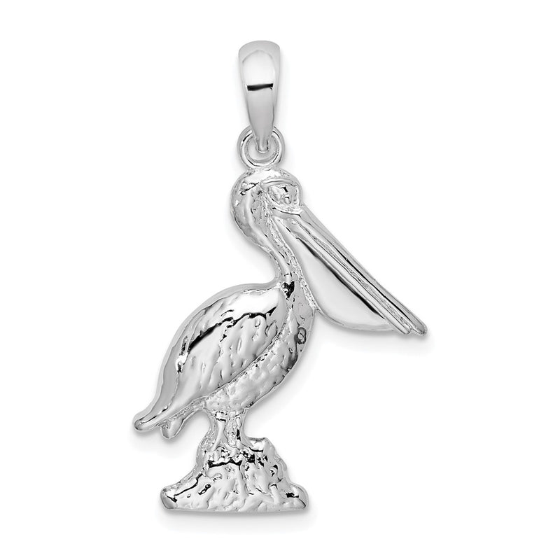 Sterling Silver De-Ani Rhodium-Plated Polished Large 3D Standing Pelican Pendant
