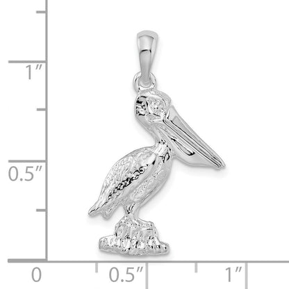 Sterling Silver De-Ani Rhodium-Plated 3D Standing Moveable Mouth Pelican Pendant