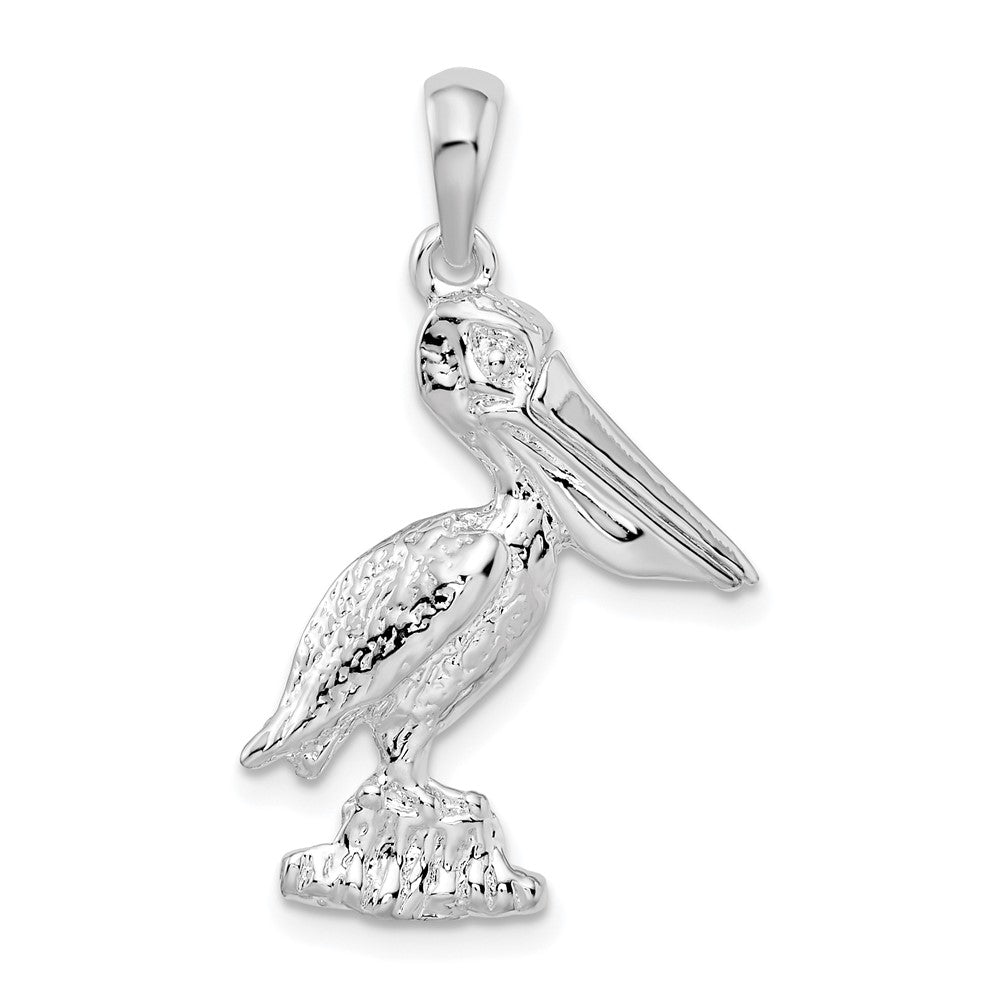 Sterling Silver De-Ani Rhodium-Plated 3D Standing Moveable Mouth Pelican Pendant