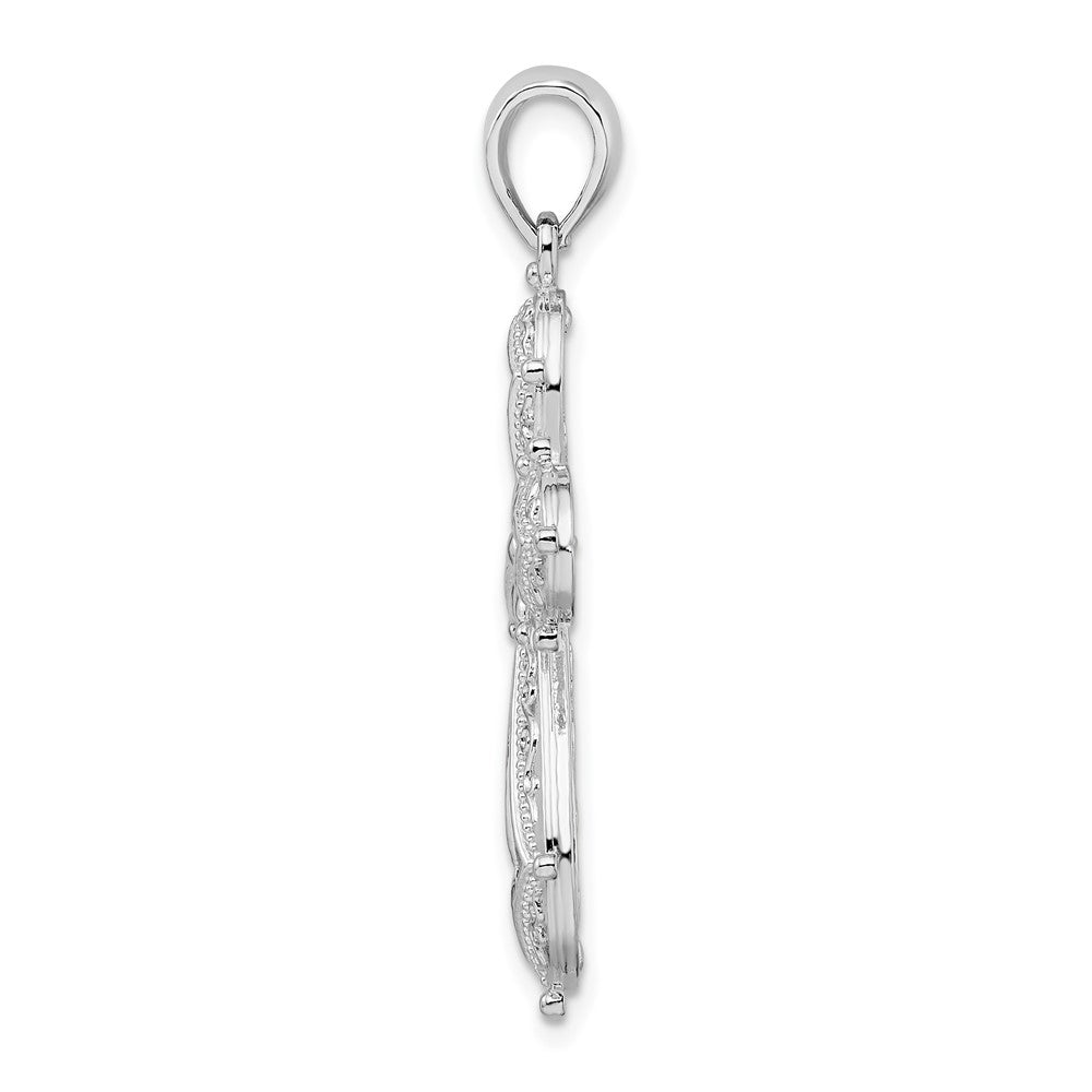 Sterling Silver De-Ani Rhodium-Plated Scroll Diamond-Cut Rounded Cross Pendant
