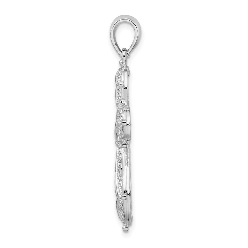Sterling Silver De-Ani Rhodium-Plated Scroll Diamond-Cut Rounded Cross Pendant