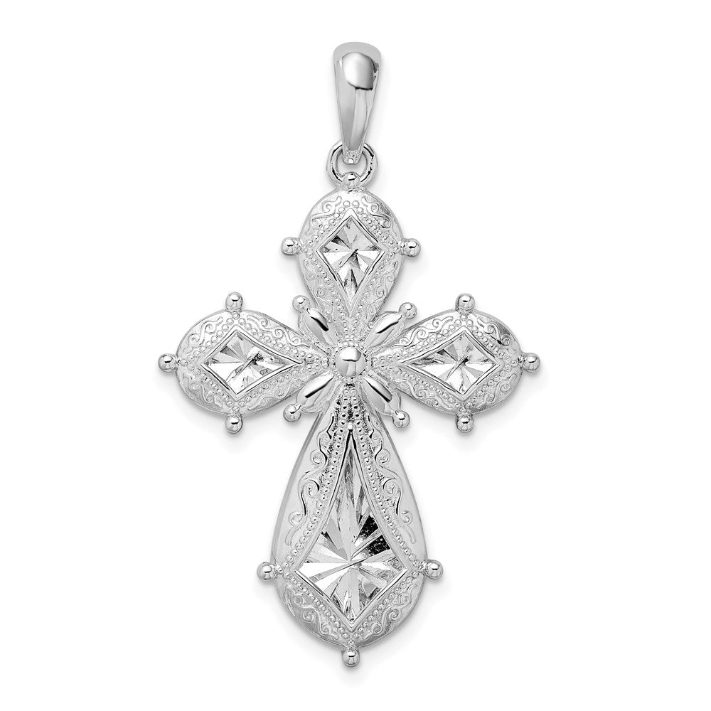 Sterling Silver De-Ani Rhodium-Plated Scroll Diamond-Cut Rounded Cross Pendant