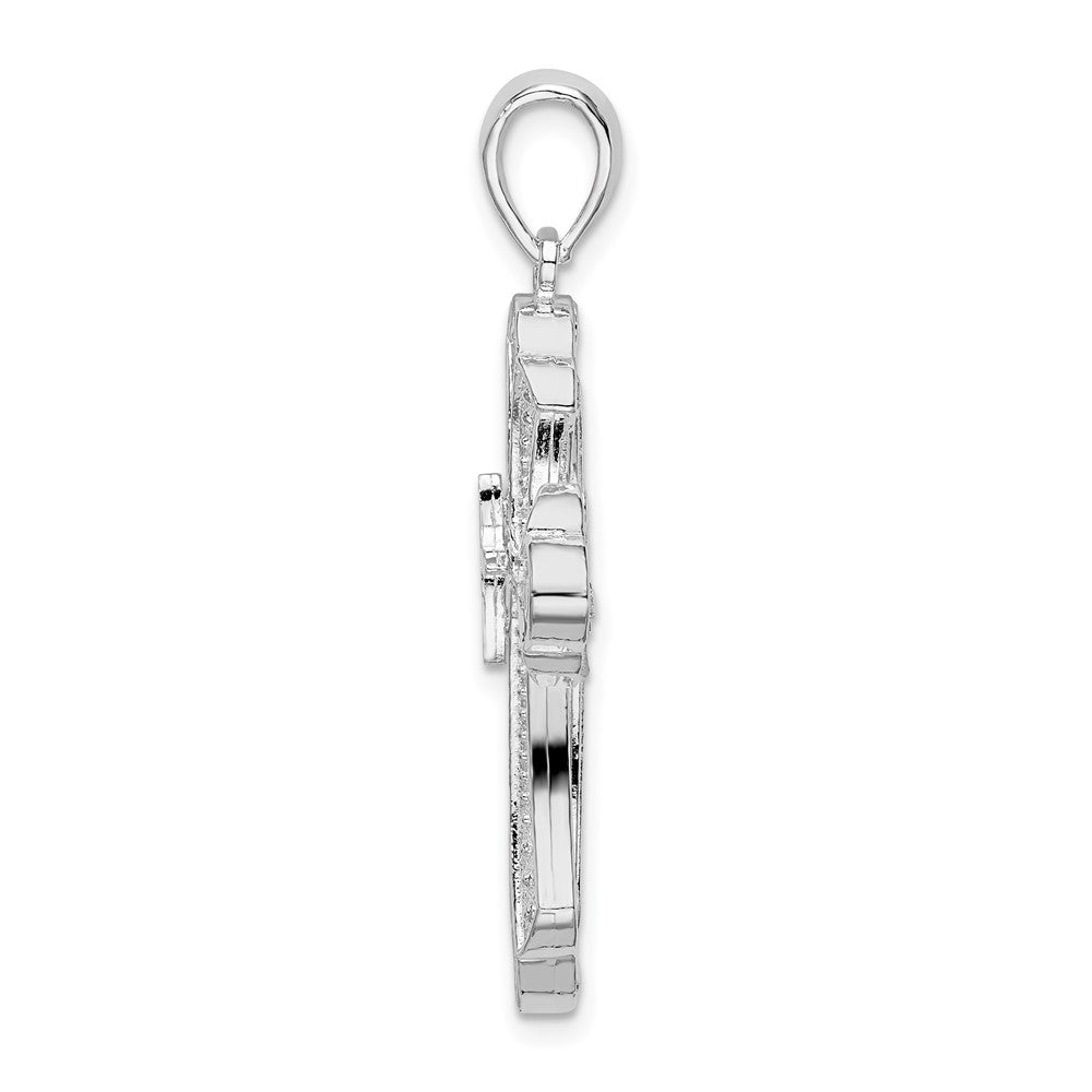 Sterling Silver De-Ani Rhodium-Plated Diamond-Cut Fleur De Lis Cross Pendant