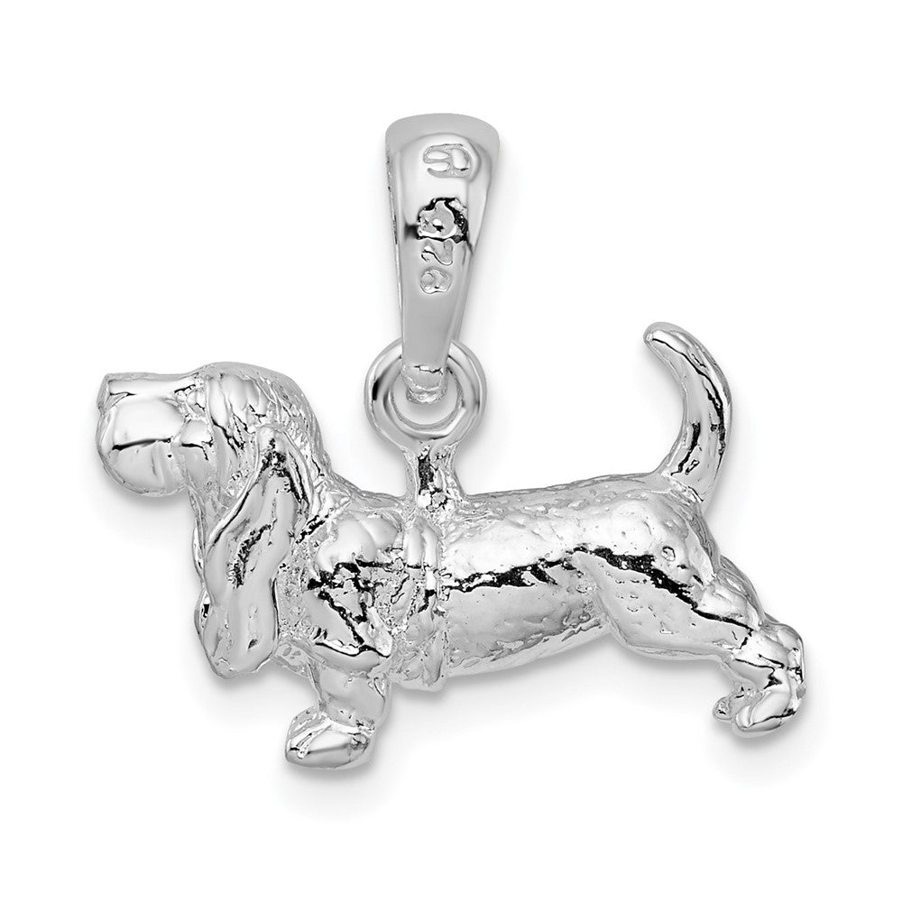 Sterling Silver De-Ani Rhodium-Plated Textured 3D Basset Hound Pendant
