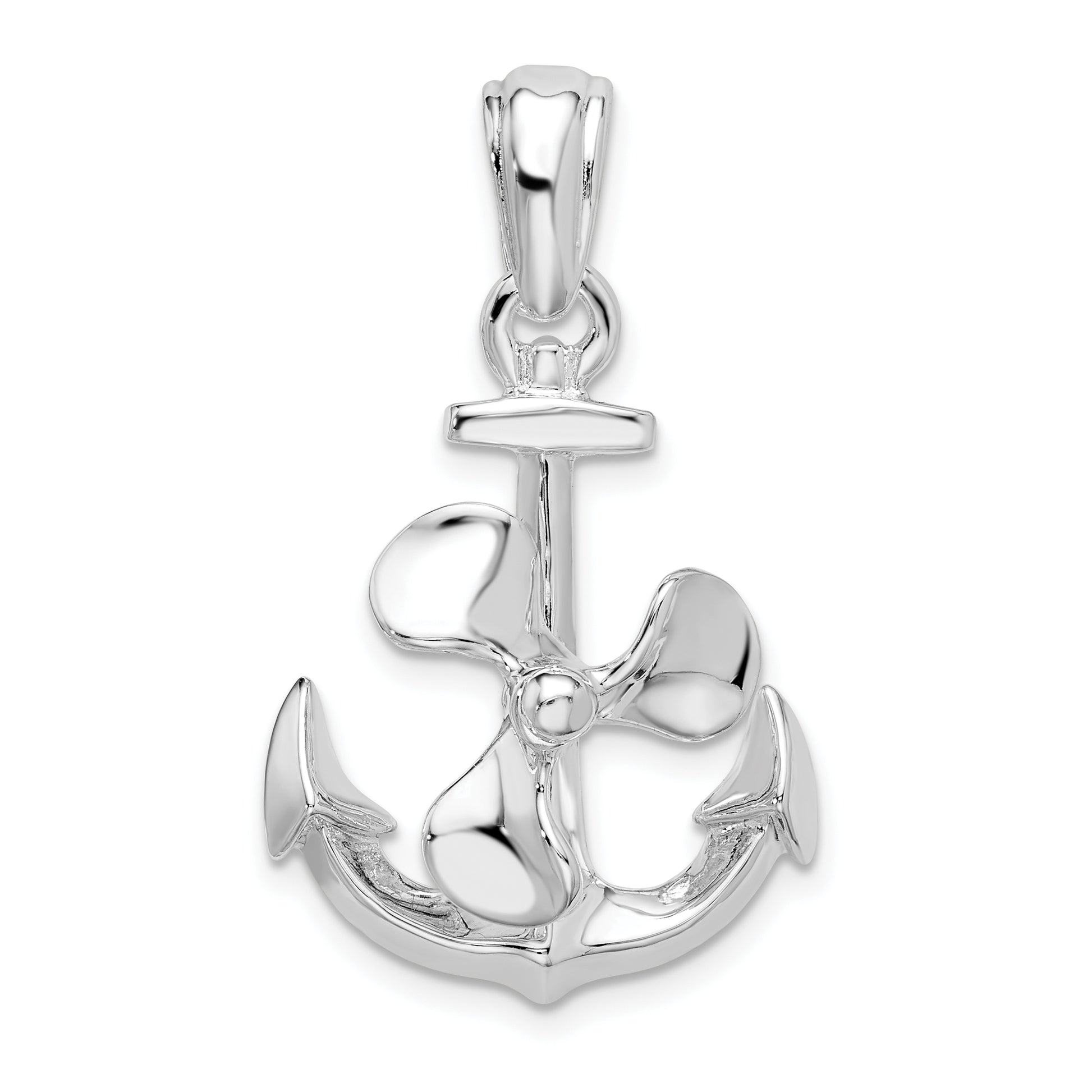 Sterling Silver De-Ani Rhodium-Plated Moveable 3D Anchor With Propeller Pendant