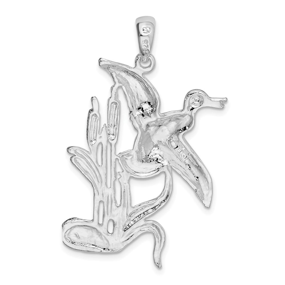 Sterling Silver De-Ani Rhodium-Plated Polished Duck Flying Over Cattails Pendant