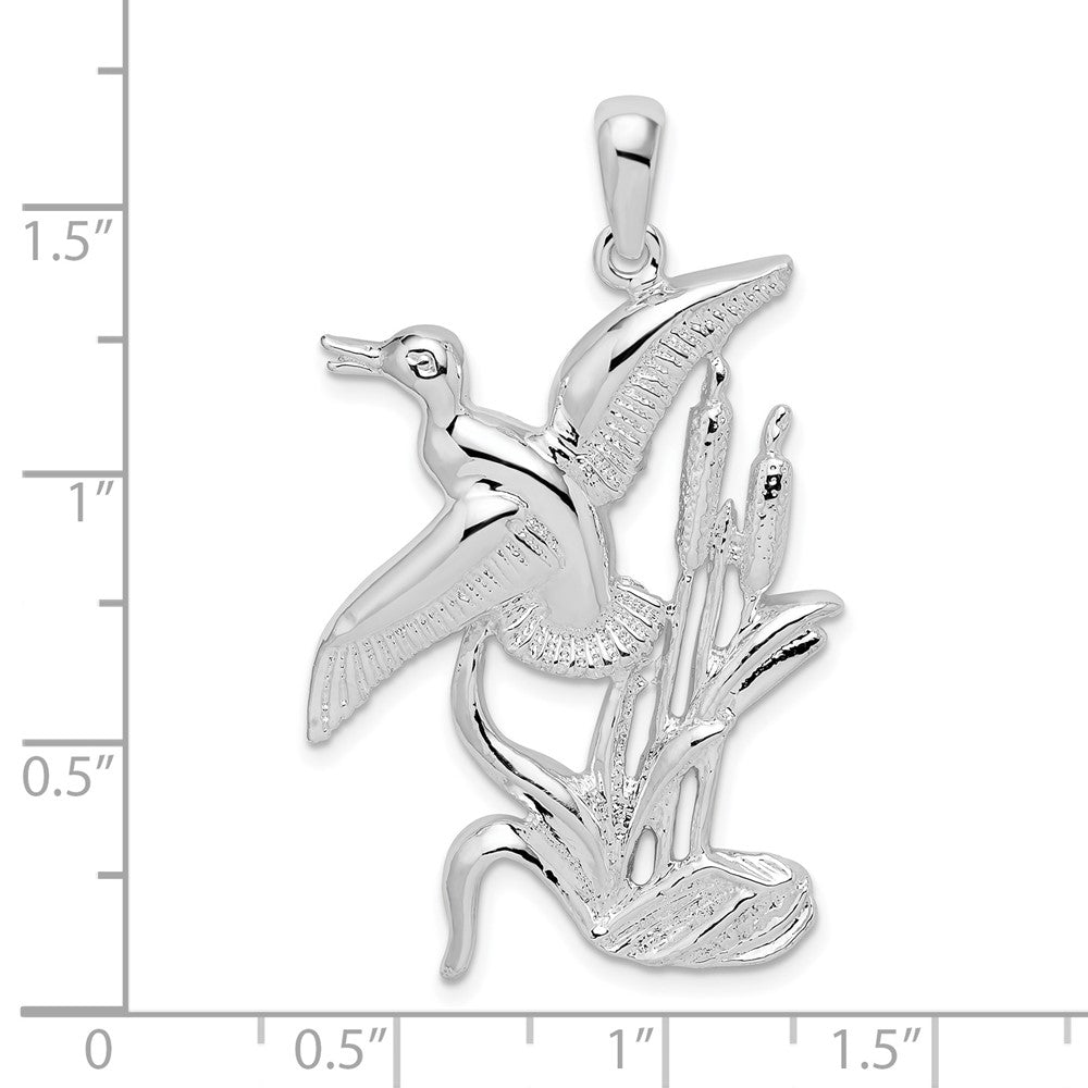 Sterling Silver De-Ani Rhodium-Plated Polished Duck Flying Over Cattails Pendant
