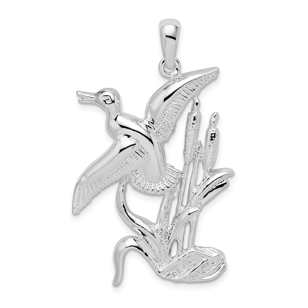 Sterling Silver De-Ani Rhodium-Plated Polished Duck Flying Over Cattails Pendant