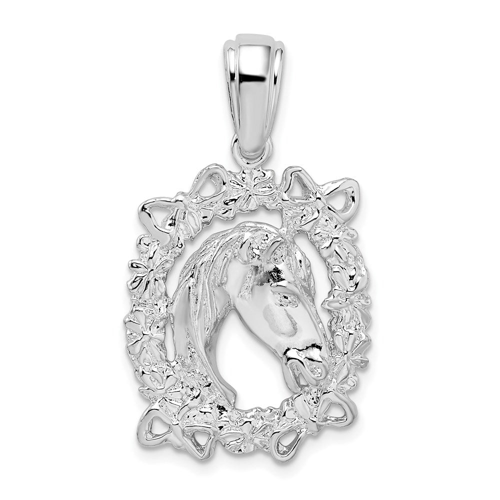 Sterling Silver De-Ani Rhodium-Plated Polished Horse Head In Wreath Pendant