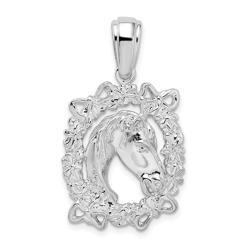 Sterling Silver De-Ani Rhodium-Plated Polished Horse Head In Wreath Pendant