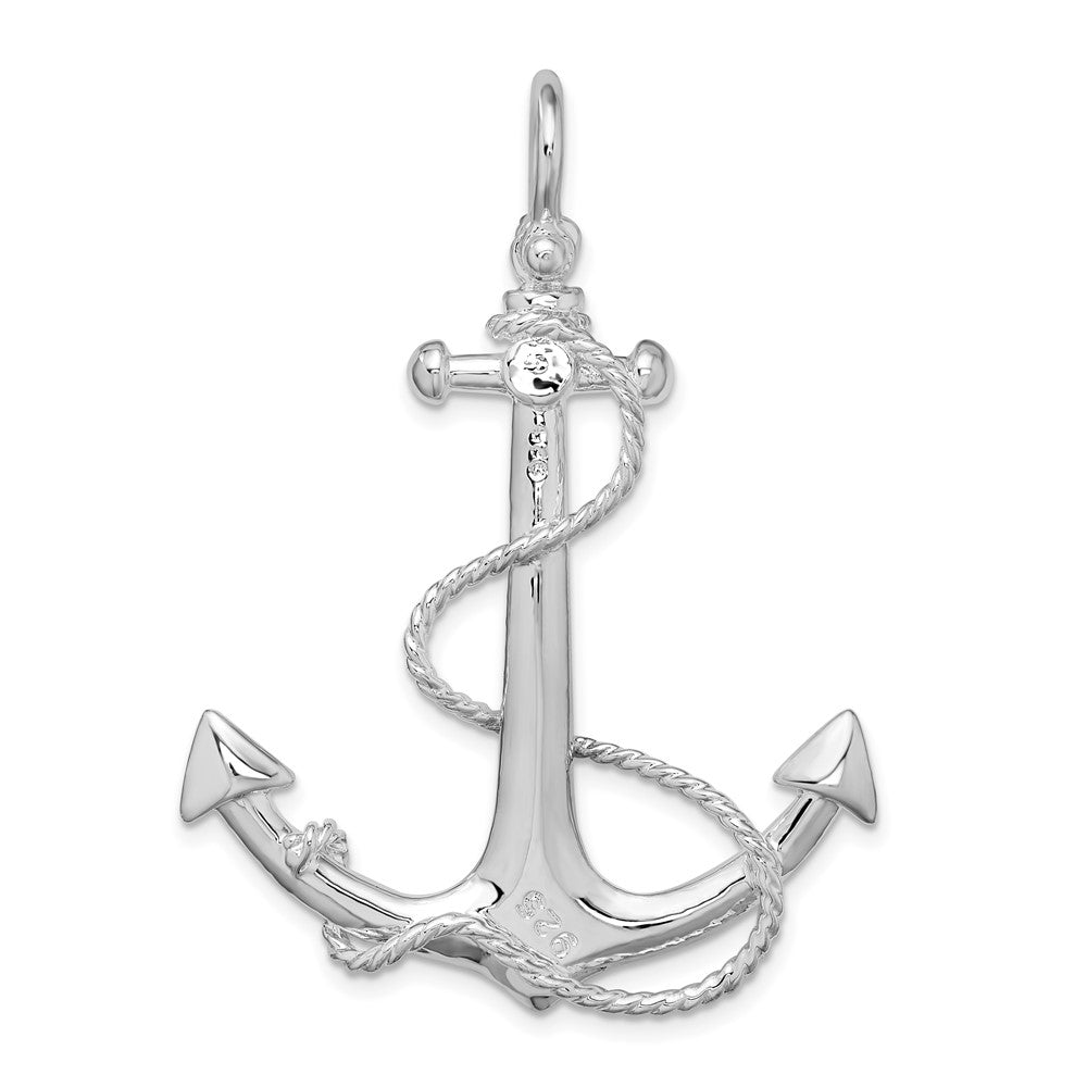 Sterling Silver De-Ani Rhodium-Plated Polished 3D Anchor With Rope Pendant