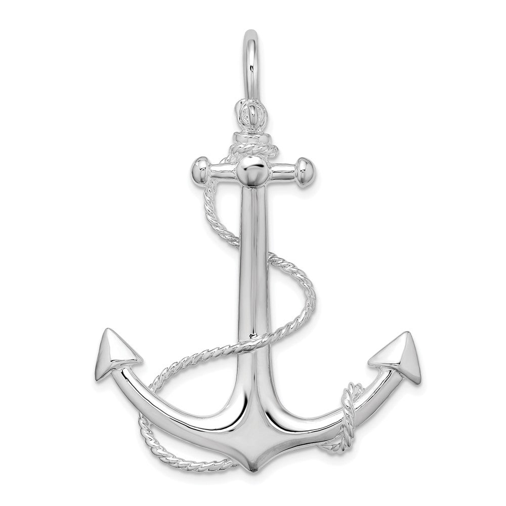 Sterling Silver De-Ani Rhodium-Plated Polished 3D Anchor With Rope Pendant
